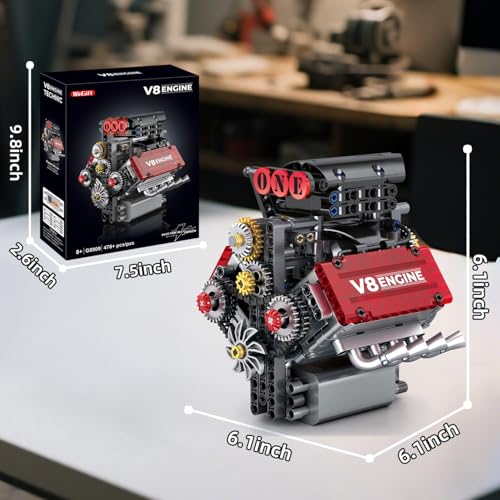 WINGIFT V8 Engine Building Set,V8 Engine Model kit that Run,Build Your Own STEM Mini V8 Model Engine Kit with Battery and Motor,8-Cylinder Car Engine Building Engineering Toys for Kids Adults(478PCS)