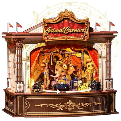CUTEBEE 3D Wooden Puzzles Music Box - DIY Theater Model Kit with LED Light, 413 Pcs Rotating Miniature House Kit for Adults, Home Bookshelf Decor, Birthday Valentines Day Gifts (Animal Carnival)