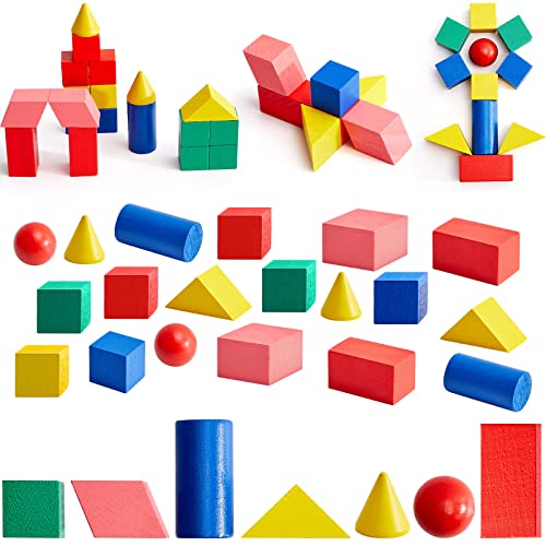 Deekin 70 Pcs Wood Geometric Solid Mini 3D Shape Wooden Building Block Bul