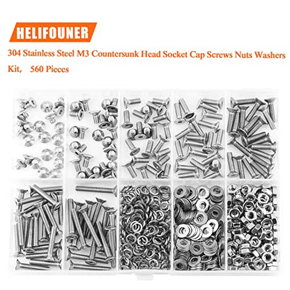 HELIFOUNER 560 Pieces M3 x 4mm /6mm /8mm /10mm /12mm /16mm /20mm, Countersunk Head Socket Cap Screws Bolts Washers Nuts Kit, 304 Stainless Steel - size: M3, style: Countersunk Head Socket Cap