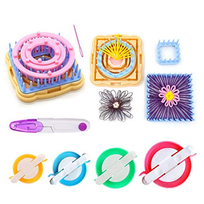 RRigo Weaving Loom Kit, 8pcs Frame Looms with 4 pom pom Maker, Knitting Wool, Round/Square Knitting Looms Craft Kit Multi Color (Instructions Included)