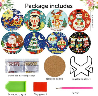 8 Pcs Christmas Diamond Art Coasters with Holder Cork Pads - color: Christmas B Coasters