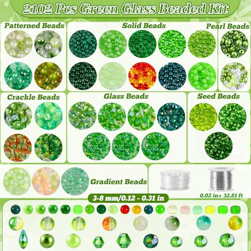 2102 Pcs Green Glass Beads with Elastic String,6mm Round Beads - color: Green D(No Pot & Foam)