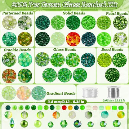 2102 Pcs Green Glass Beads with Elastic String,6mm Round Beads - color: Green D(No Pot & Foam)