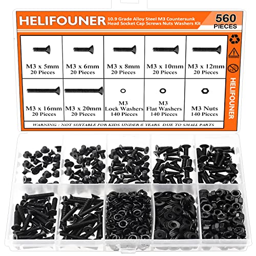 HELIFOUNER 560 Pieces M3 x 5mm /6mm /8mm /10mm /12mm /16mm /20mm, Countersunk Head Socket Cap Screws Bolts Washers Nuts Kit, 10.9 Grade Alloy Steel, Full Threaded, Black - size: M3, style: Countersunk Head