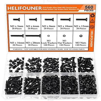 HELIFOUNER 560 Pieces M3 x 5mm /6mm /8mm /10mm /12mm /16mm /20mm, Countersunk Head Socket Cap Screws Bolts Washers Nuts Kit, 10.9 Grade Alloy Steel, Full Threaded, Black - size: M3, style: Countersunk Head