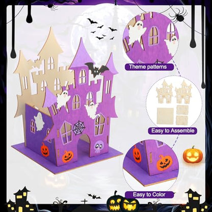DoubleFill 12 Set Halloween Wooden Castle House Craft Kits with Paints
