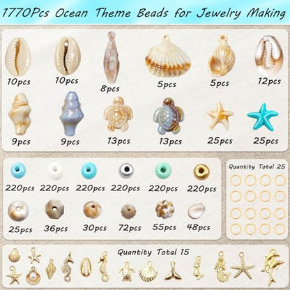 1770Pcs Ocean Theme Beads Kit for Jewelry Making, Blue White Summer Beach Seashell Charms Sea Turtle Starfish Shape Beads 4mm Sea Glass Chips for DIY Bracelets Necklace Anklet Earrings Keychain Crafts - color: Beige-Brown