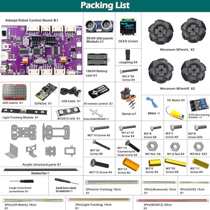 Adeept Mecanum Wheel Smart Car Kit(Compatible with Arduino IDE), Line Tracking, Light Tracing, Obstacle Avoidance, Servo Motor, OLED Display, Buzzer, LED Dot Matrix Display - style: Mecanum Wheels