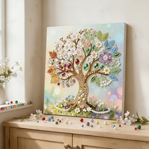 Xylzzuit Pearl Painting Kit with Frame All Inclusive 9.84x9.84IN DIY Gemstone Diamond Art Craft Supplies for Adults Beginners Craft Lovers Living Room Wall Desktop Decor Gift (Tree of Life) - color: Tree of Life