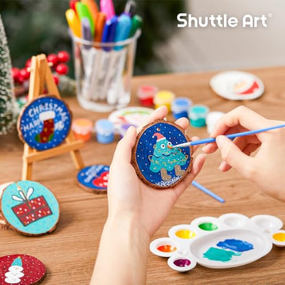 Shuttle Art Natural Wood Slices 70 PCS 2.8-3.1 Inches Craft Wood Ornament Kit, Unfinished Predrilled Wooden Circles with Hole, Jute Twine, Acrylic Paint, Markers for DIY Decoration
