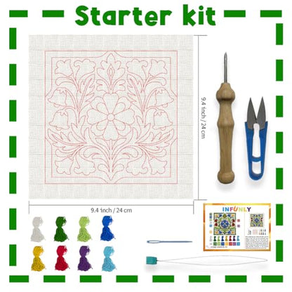 INFUNLY Retro Green Punch Needle Kit 9.4x9.4 inches Flowers Punch Needle Embroidery Kits Pastoral DIY Needles Stitching Kits for Beginners with Instruction Yarns Christmas Birthday Hanging Decor - style: Green Mandala