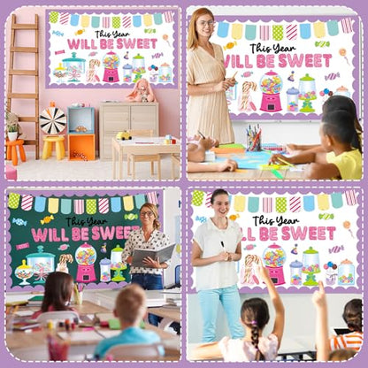 QOUBAI Candy Bulletin Board Set Sweet Theme Classroom Bulletin Board Decorations Pink Gumball Machine Cutouts Classroom Decorations for Back to School Office Home Chalkboard Decor Wall Door - style: Candy