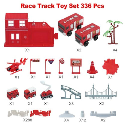 BEMITON Race Track Playset for Kids - Flexible DIY Car Track Toy, Educational Birthday Gift for Boys Ages 3 4 5 6 7, 330+ PCS Building Kit with Fire Trucks - color: Red Fire Station Race Track