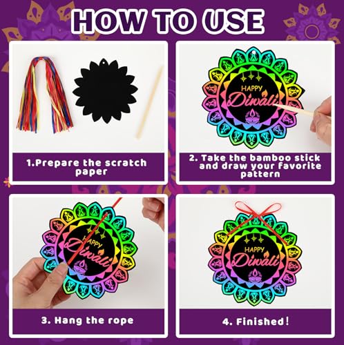 JULMELON 36 Pcs Diwali Crafts for Kids Rainbow Scratch Art Party Favors - style: Diwali