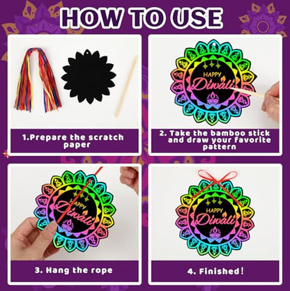 JULMELON 36 Pcs Diwali Crafts for Kids Rainbow Scratch Art Party Favors - style: Diwali
