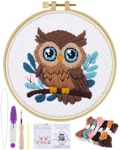 ERKOON Punch Needle Kit for Beginners Adults, DIY Easy Animal Embroidery Set for Starter Art Craft, Needling Punch Project with Patterns, Tools, Yarns, Hoop, Instruction (Owl) - color: Owl