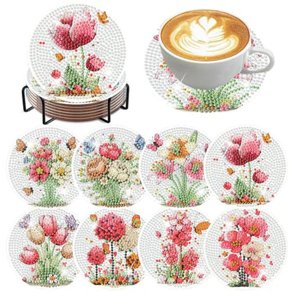 Xylogist 8 Pcs Flowers Diamond Art Coasters with Holder Cork Pads - color: Flowers Butterfly Diamond Art Coasters