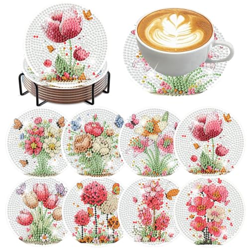 Xylogist 8 Pcs Flowers Diamond Art Coasters with Holder Cork Pads - color: Flowers Butterfly Diamond Art Coasters