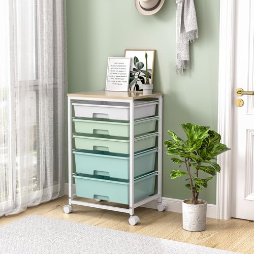 SYKIARIOL Rolling Cart with Drawers,5 Drawers Storage Cart,Light Green - color: Green