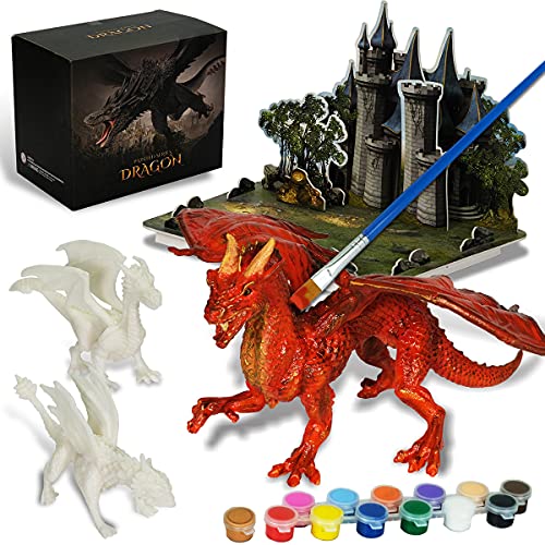 Kids Arts Crafts Set - Dragon Toys Painting Kit with 3 Dragons Figurines and 3D Jigsaw Puzzle Castle, Best Tween Paint Gift to Create Own Powerful Dragon - color: DRAGON
