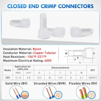 Nilight 300PCS CE5 Closed End Crimp Terminal 12-10 Gauge Nylon Insulated - color: 300PCS 12-10# Terminals