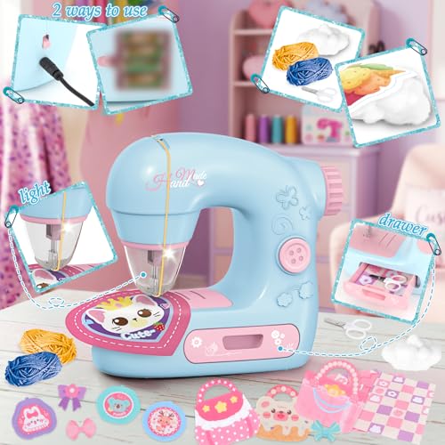 deAO Kids Mini Sewing Machine Pretend Play Arts Craft Toy Kit with Lights