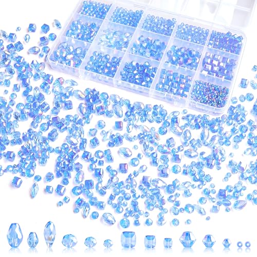 1500 Pcs Crystal Glass Beads for Jewelry Making – 12 Styles Bicone, Rondelle, Cube, Teardrop & 3mm Spacer Beads, DIY Bracelet Necklace Earring Craft Kit with Organizer Box(Blue) - color: Blue