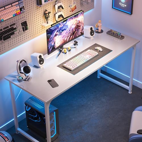 Huuger Computer Desk, 55 Inch Home Office Desk, Gaming Writing Work from Home Study Desk, Large Legroom, Sturdy Metal Frame, Modern Simple, White - color: White, size: 54inch