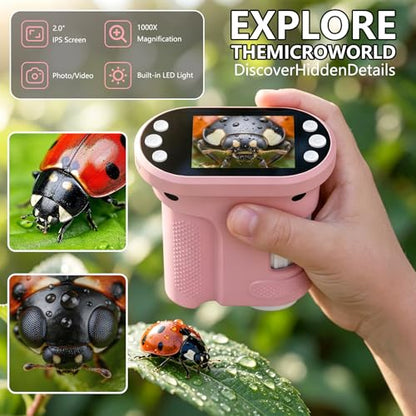 Kids Digital Microscope, 1000X Handheld Pocket Microscope STEM Science Toy - color: Pink