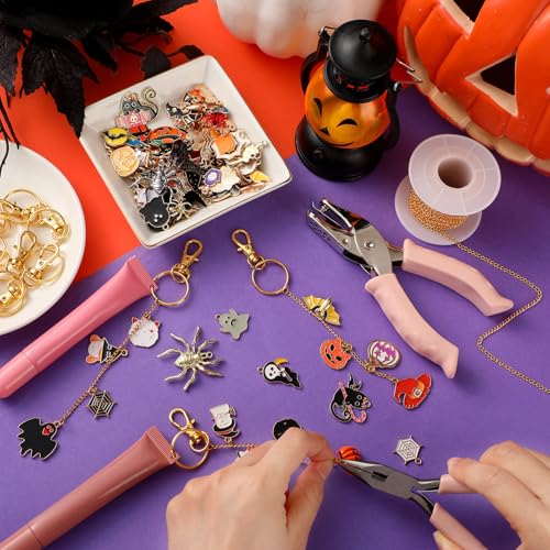 VioraWhite 213 Pcs Halloween Theme Lip Gloss Keychain Making Kit 100 Pink Enamel Charms 32.81 ft Gold Chains for DIY Crafts Women - style: Halloween Theme