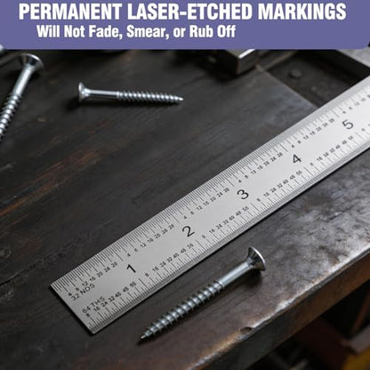 12 Inch Machinist Ruler Set - Stainless Steel Precision Double Sided Ruler with 1/64, 1/32, 1/16 & 1/8 Inch Graduations, Etched Markings - for Engineers,Woodworking and DIY (1, 12 Inch) - size: 12 Inch