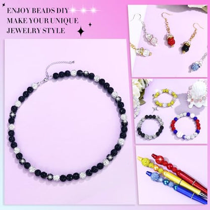 Dowarm 255PCS 10mm Rhinestone Beads for Baseball Rhinestone Necklace Bracelet Jewelry Making, Round Polymer Clay Beads for Crafts Beaded Pen, Shamballa Clay Pave Disco Diamond Bead, Black|White - color: 07-Black | White