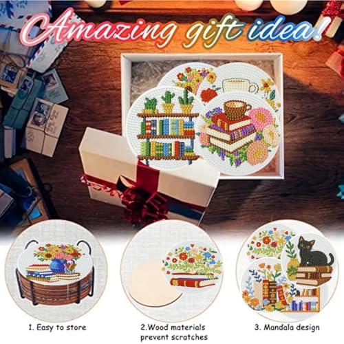 8 Pack Diamond Art Coasters,Bookshelf Diamond Painting Coasters Kits - color: Bookshelf Coasters-a