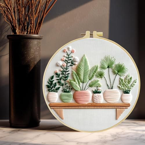 Full Range Embroidery Kit for Adult, Green Plant Pattern Embroidery Kit for Beginners Include Embroidery Cloth Hoops Threads for Craft Lover Hand Stitch with Embroidery Skill Techniques (Plant1) - color: Plant1
