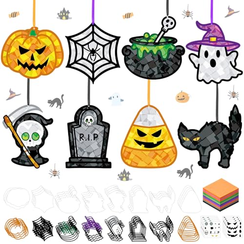DoubleFill 48 Pcs Halloween Suncatchers Craft Kit Tissue Paper DIY - style: Halloween