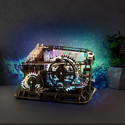 3D Wooden Puzzle Marble Run Mechanical Model Kit with LED Lights for Adults - style: Marble Run with LED Light