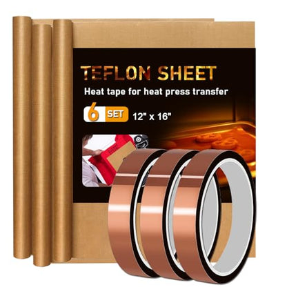 3 Pack Teflon Sheets for Heat Press 16x12 and 3 Rolls Heat Transfer Tape 10mm Non Stick Transfer Sheet Heat Press Tape Set for Sublimation PTFE Teflon Sheet Heat Resistant - color: 16x12" Teflon sheet 3P & 10mm Heat tape
