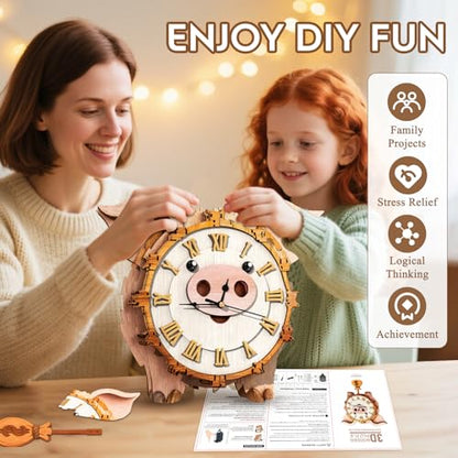 3D Puzzles for Adults Wooden Pig Puzzle Clock Adult Crafts - color: Pig Clock
