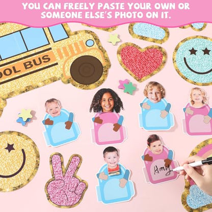 Welcome Back to School Bulletin Board Boho Groovy Preppy Patch Classroom Bulletin Board Decorations Schoolbag Paper Cutouts for Office Chalkboard Decor First Day of School Wall Door Supplies - style: Back to School