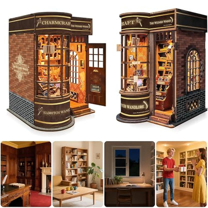 SUNNINO Book Nook Kit DIY Miniature Magic Wand Shop Dollhouse for Adults - color: Wand Shop Brown
