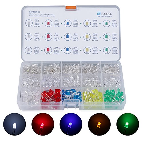 ELEGOO 3mm and 5mm Diffused and Clear Assorted LED Kit 5 Colors Compatible with Arduino (Pack of 600) - size: 600 Count (Pack of 1)