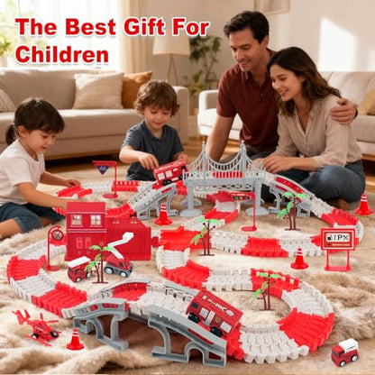 BEMITON Race Track Playset for Kids - Flexible DIY Car Track Toy, Educational Birthday Gift for Boys Ages 3 4 5 6 7, 330+ PCS Building Kit with Fire Trucks - color: Red Fire Station Race Track
