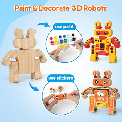 Mocoosy Wooden Robot Painting Art and Craft Kit for Kids Ages 3-5, Build & Decorate Your Own Robots with Paint & Stickers, Wood Robot STEM Game Montessoi Educational Toy Gift for Boys Girls 4-8 Years - style: Robot