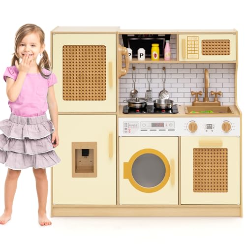 Costzon Kids Kitchen Playset, Wooden Toddler Montessori Pretend Play Toy w/Rattan Door, Light & Sound, Water Dispenser, Washing Machine, Range Hood, Cookware, Play Kitchen for Kids 3+, Gift (Yellow) - color: Rattan Yellow