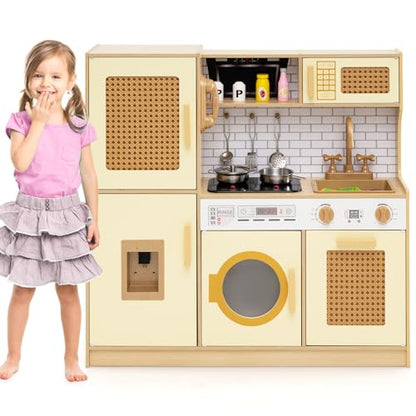 Costzon Kids Kitchen Playset, Wooden Toddler Montessori Pretend Play Toy w/Rattan Door, Light & Sound, Water Dispenser, Washing Machine, Range Hood, Cookware, Play Kitchen for Kids 3+, Gift (Yellow) - color: Rattan Yellow