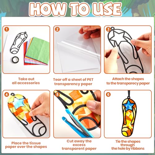 Qyeahkj 36 Set Flip Flops Suncatchers Craft for DIY Summer Tropical Luau Tissue Paper Craft Kit Hawaii Beach Slipper Stained Glass Window Ornaments Decoration for Home Art Project Party Favor Gift - style: Flip Flops