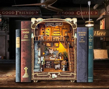 Cat Book Nook Miniature House Kit with Dust Cover Bookshelf Decor - color: Caramel Dreams