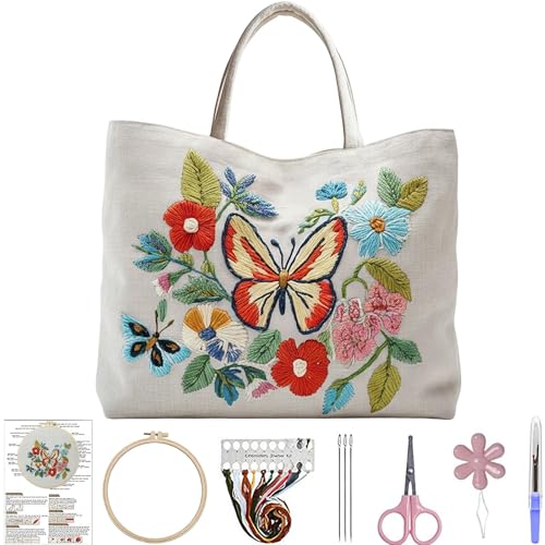 ARTopet Embroidery Tote Bag Kit for Beginners Butterfly Canvas Cross Stitch Handbag with Hoops Needles Threads Reusable Grocery Bag for Women-Butterfly02 - color: Butterfly02