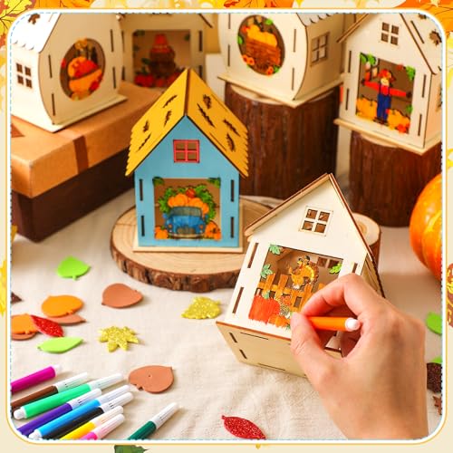 Cinnvoice 12 Sets Thanksgiving Wooden House Fall Craft Kit, Turkey Pumpkin